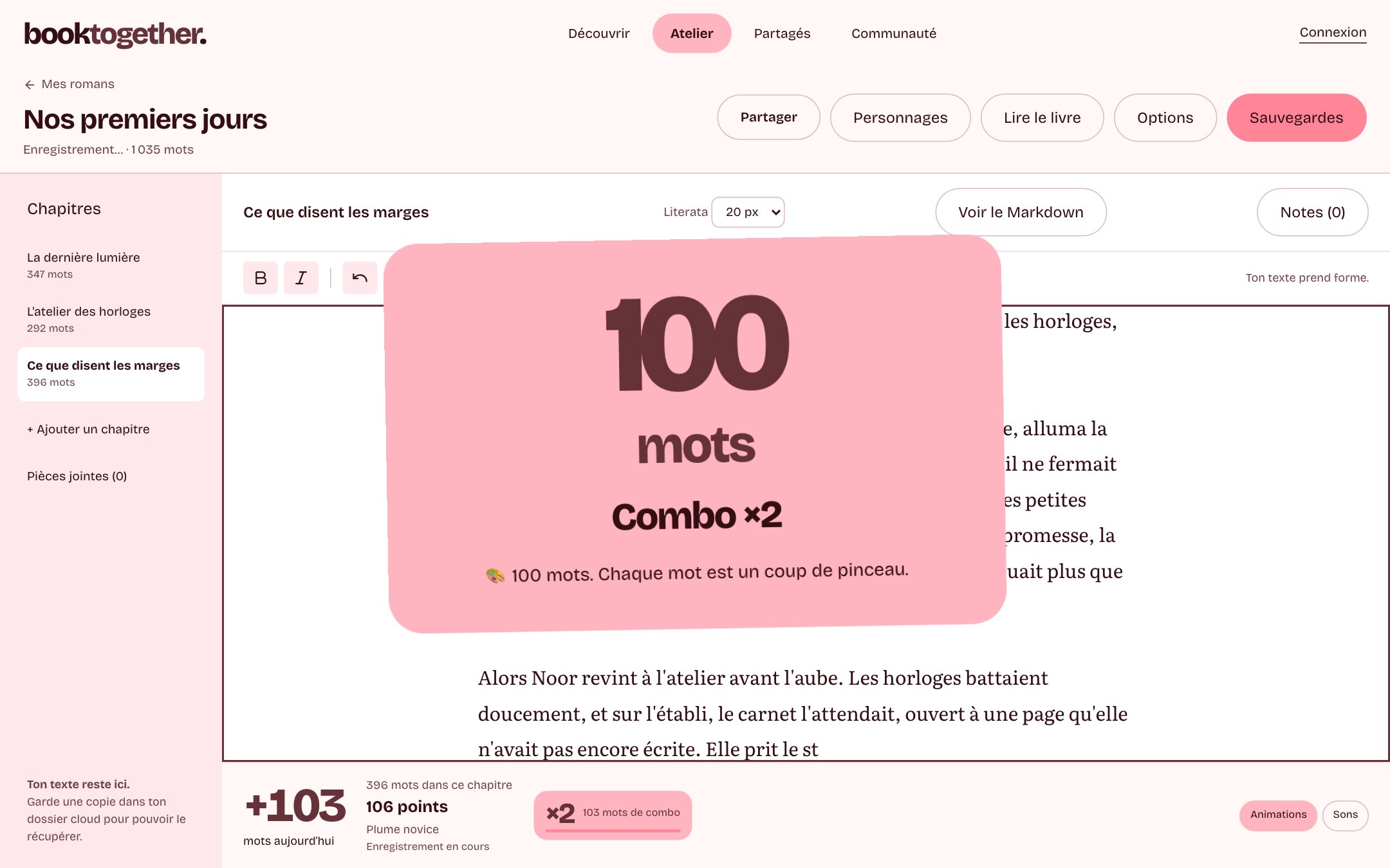 Animation du combo de mots et compteur de points dans BookTogether