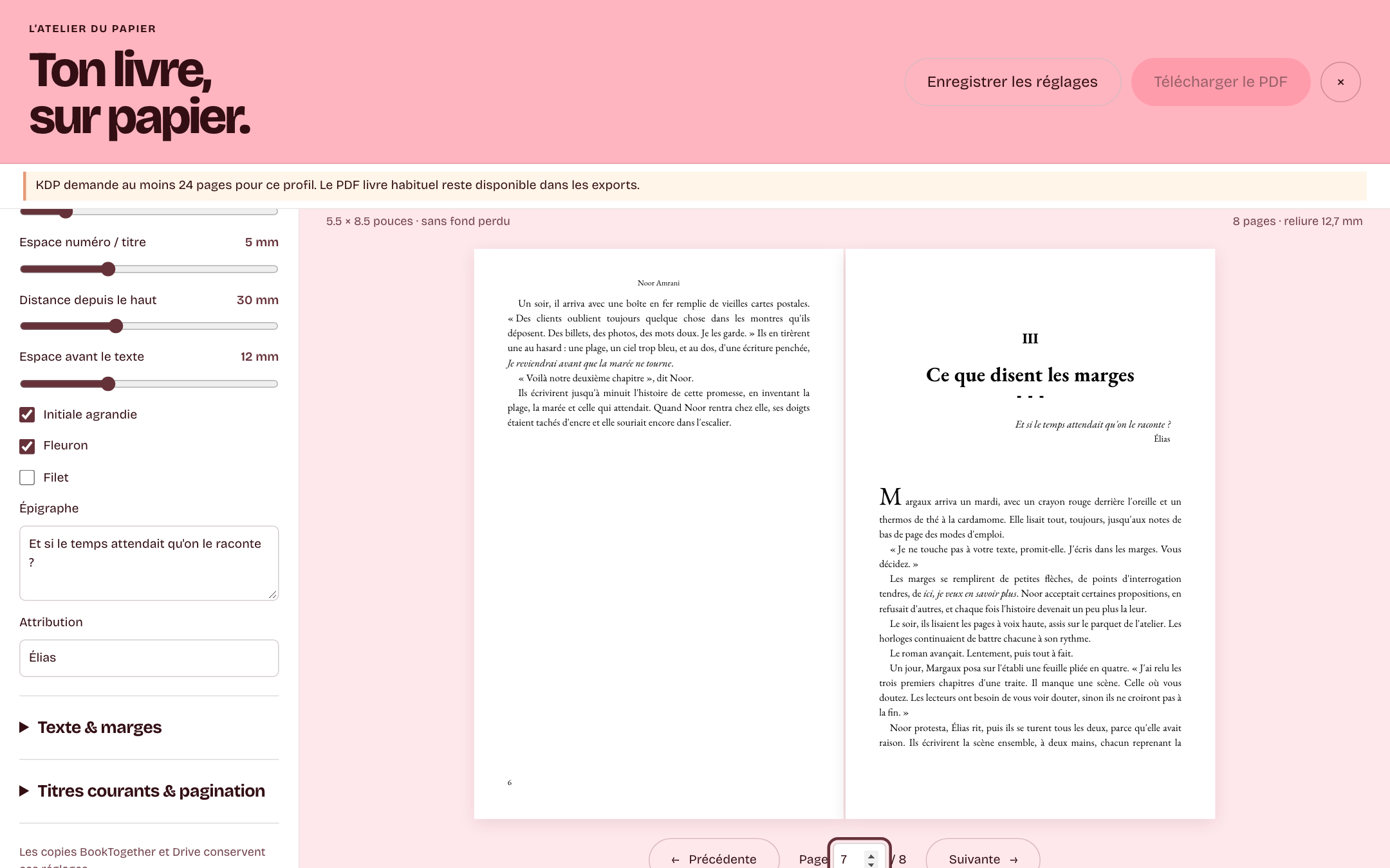 Options typographiques et aperçu de mise en page dans BookTogether