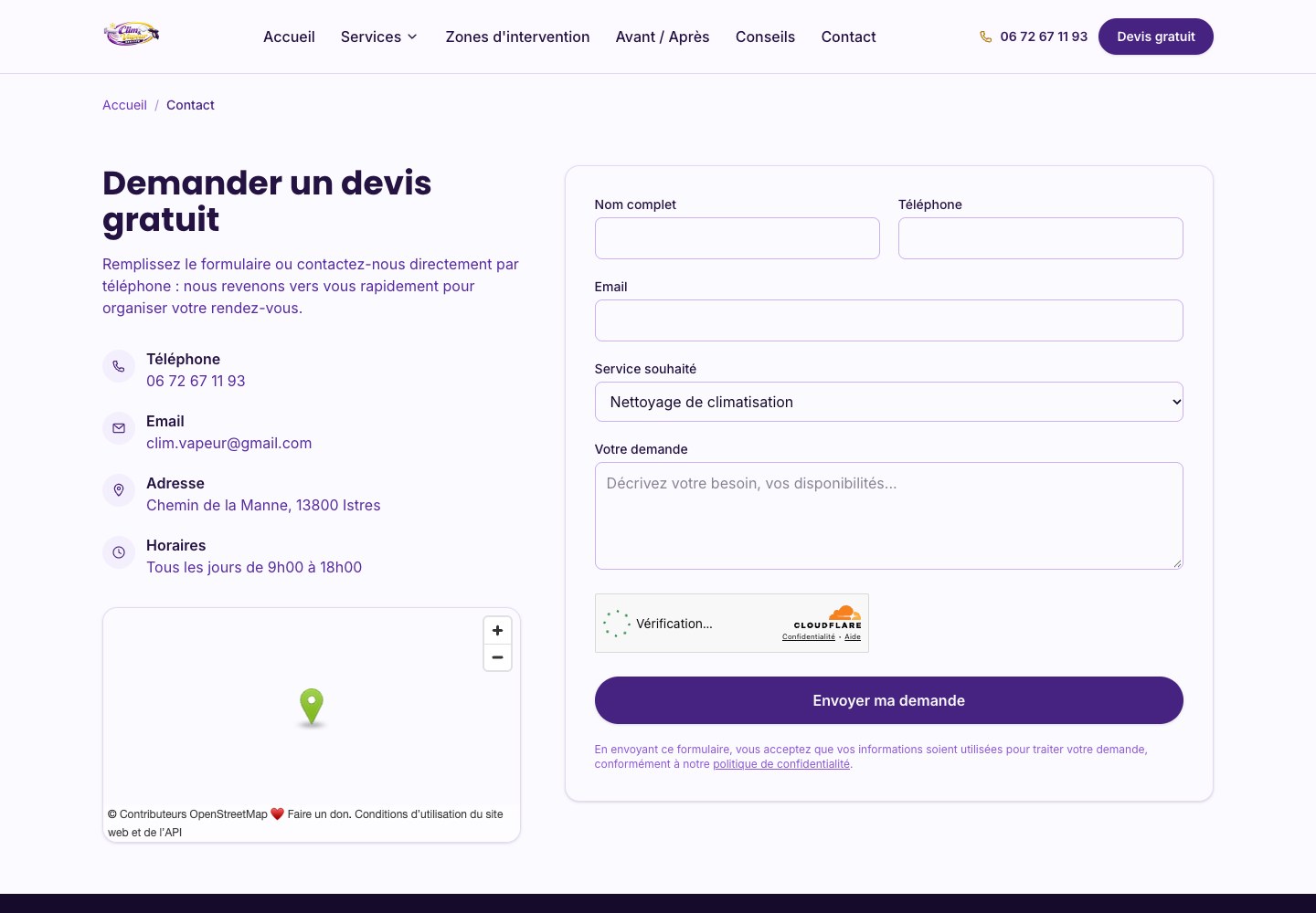 Page de contact de Clim & Vapeur Service avec formulaire de demande de rendez-vous