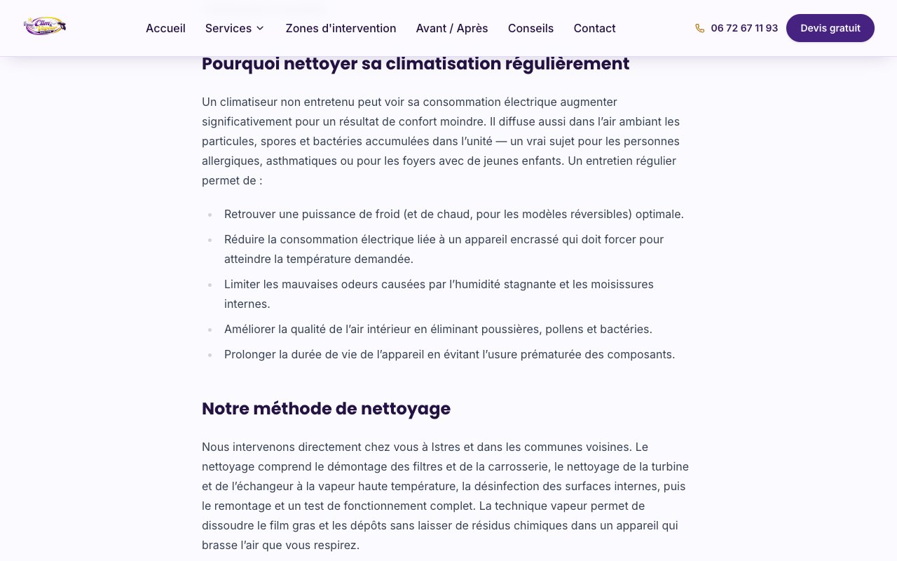 Page de nettoyage de climatisation, détails de la prestation et méthode d’intervention