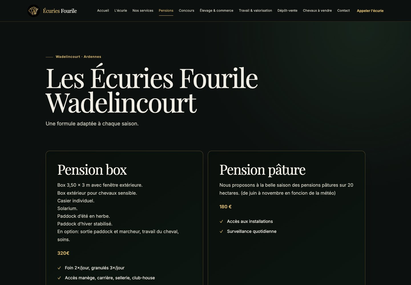 Page des pensions des Écuries Fourile et présentation des formules