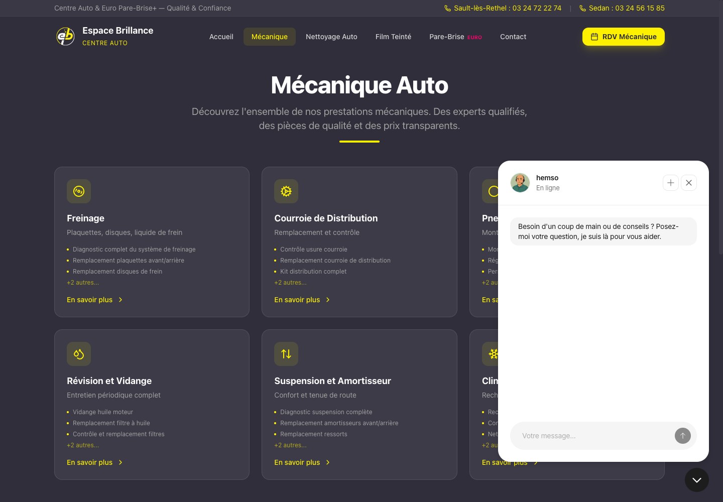 Page des prestations mécaniques du centre auto Espace Brillance