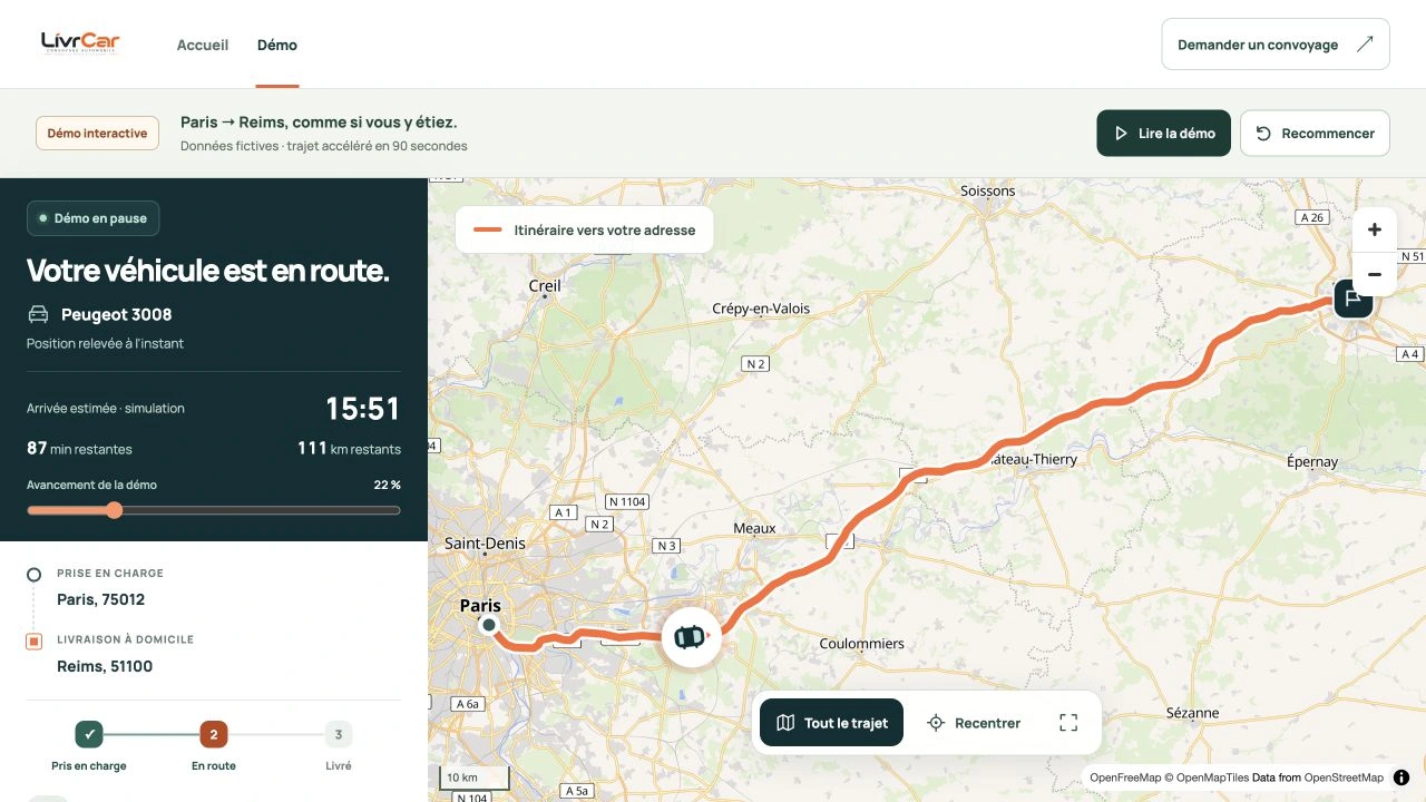 Démonstration publique LivrCar d’un suivi cartographique Paris-Reims avec trajet et chauffeur fictifs