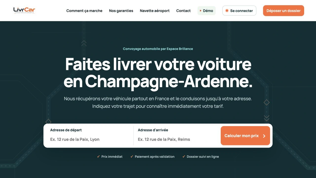Accueil public LivrCar et estimation du tarif de convoyage avec des champs laissés vides