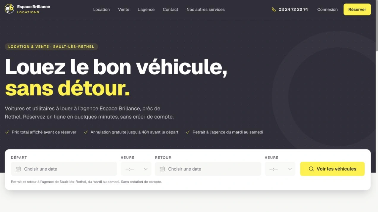 Accueil public Espace Brillance Locations avec sélection des dates et accès aux véhicules, sans saisie