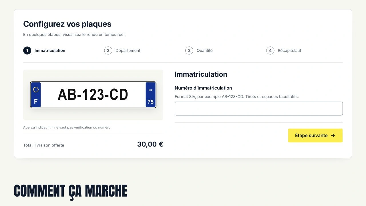 Configurateur public Plaqline à son étape initiale, sans numéro saisi ni commande créée