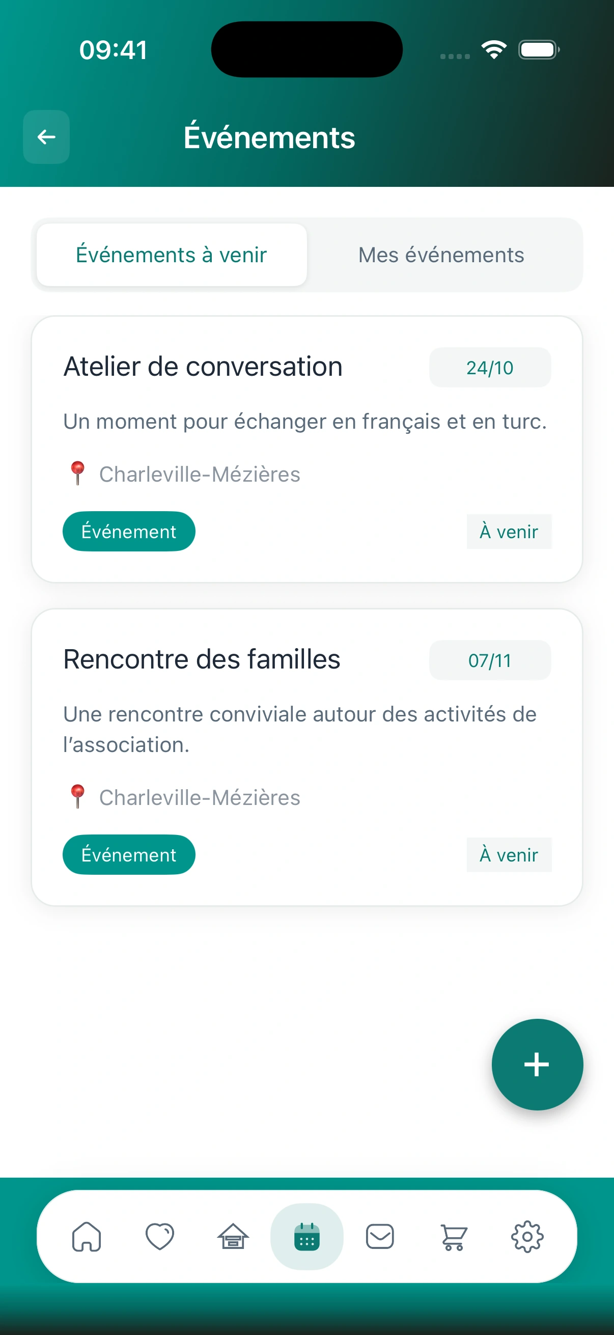 Écran natif des événements de Ktib avec deux rencontres fictives de démonstration