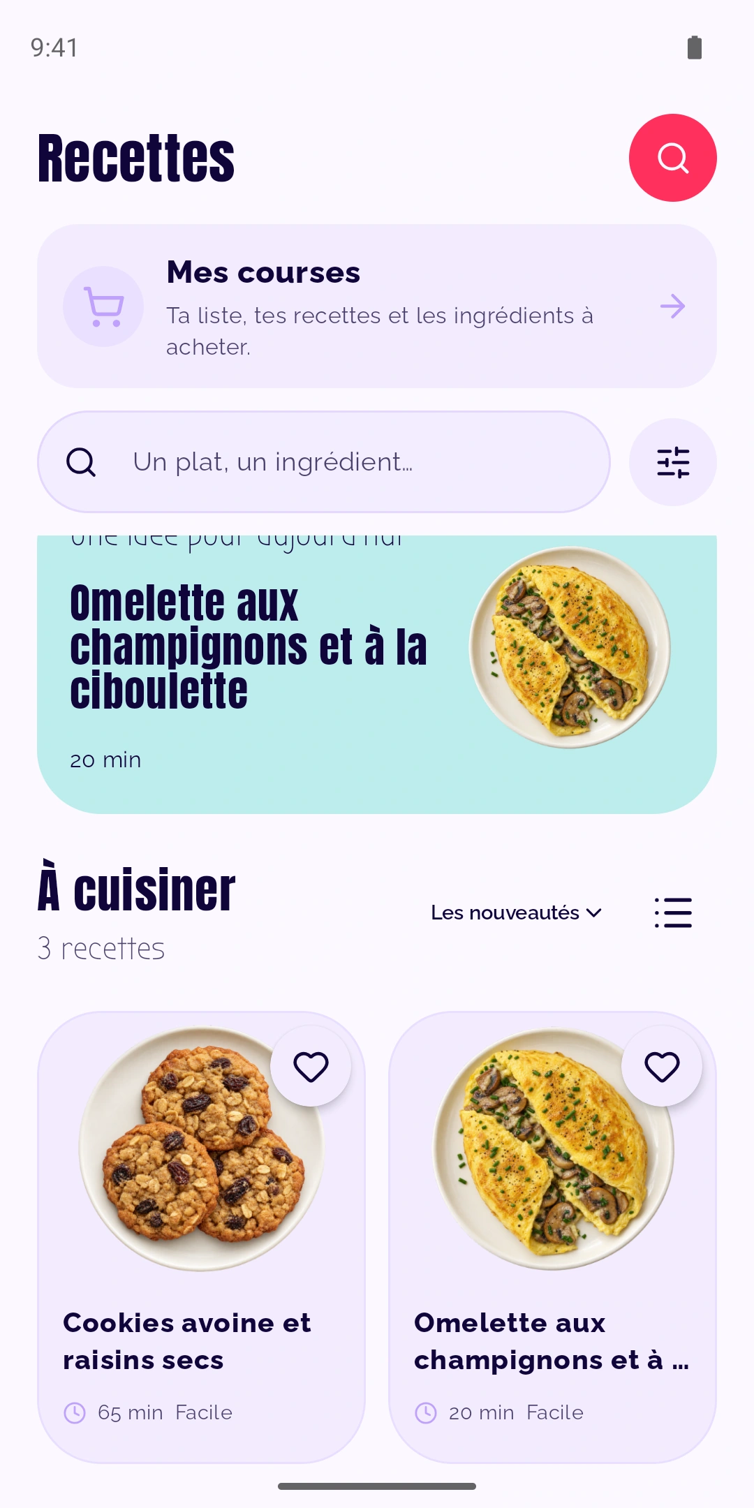 Catalogue natif Android de MoodDish et accès à la liste de courses