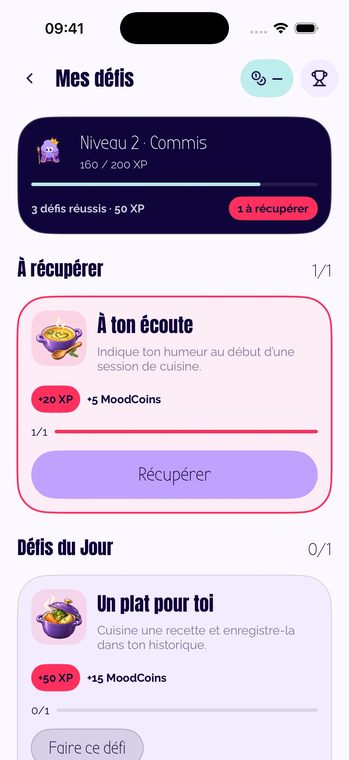 Défis et récompenses de la refonte MoodDish, avec des données de démonstration