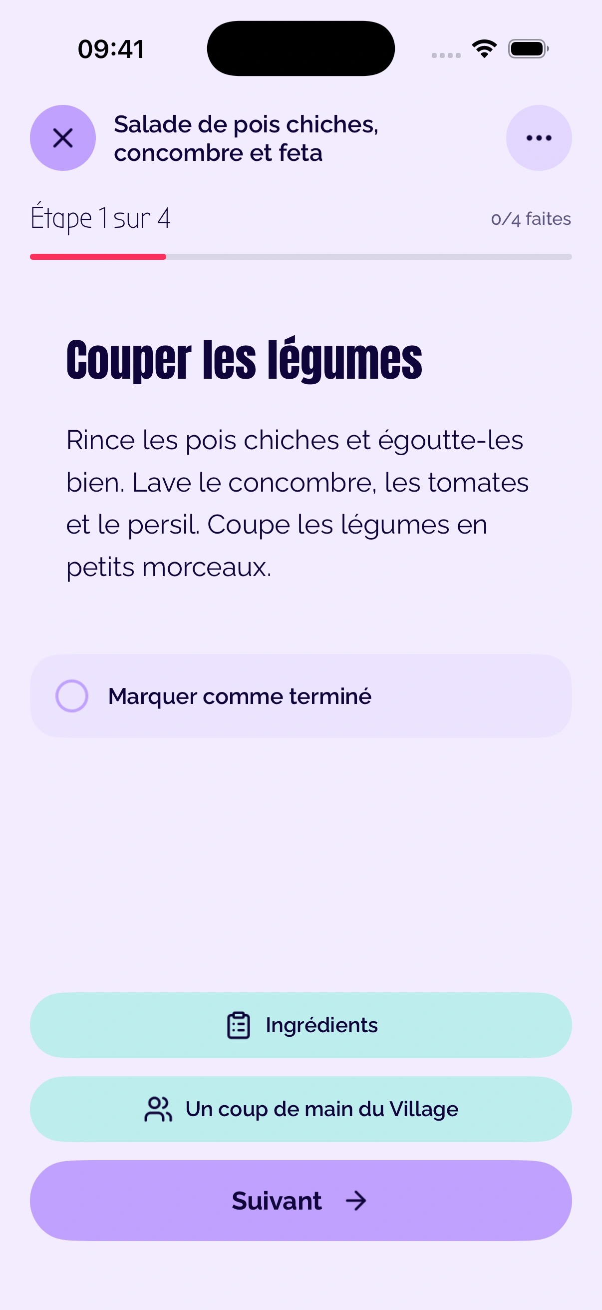 Mode cuisine natif de MoodDish avec étape, accès aux ingrédients et aide du Village