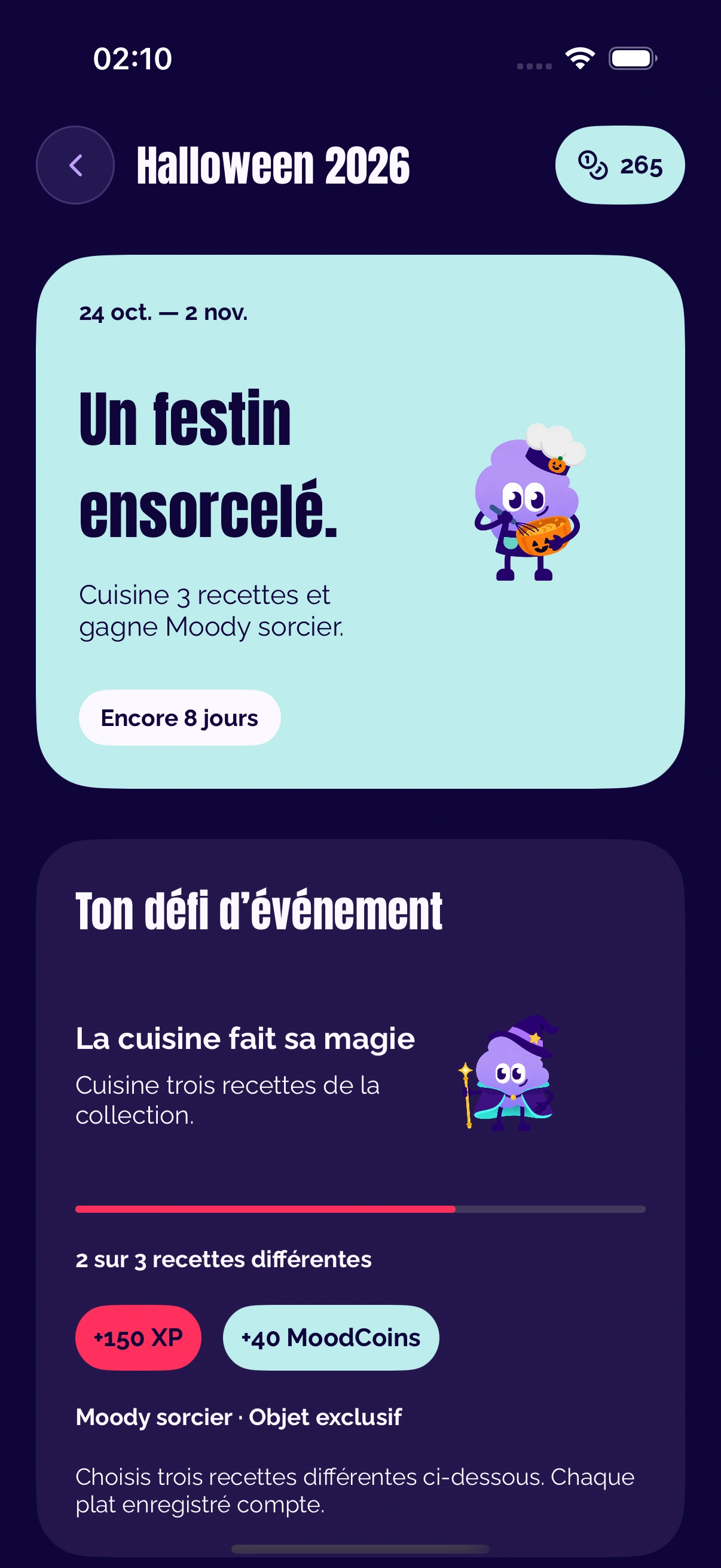 Écran natif iOS de l’édition Halloween MoodDish en mode aperçu, avec le défi et Moody sorcier