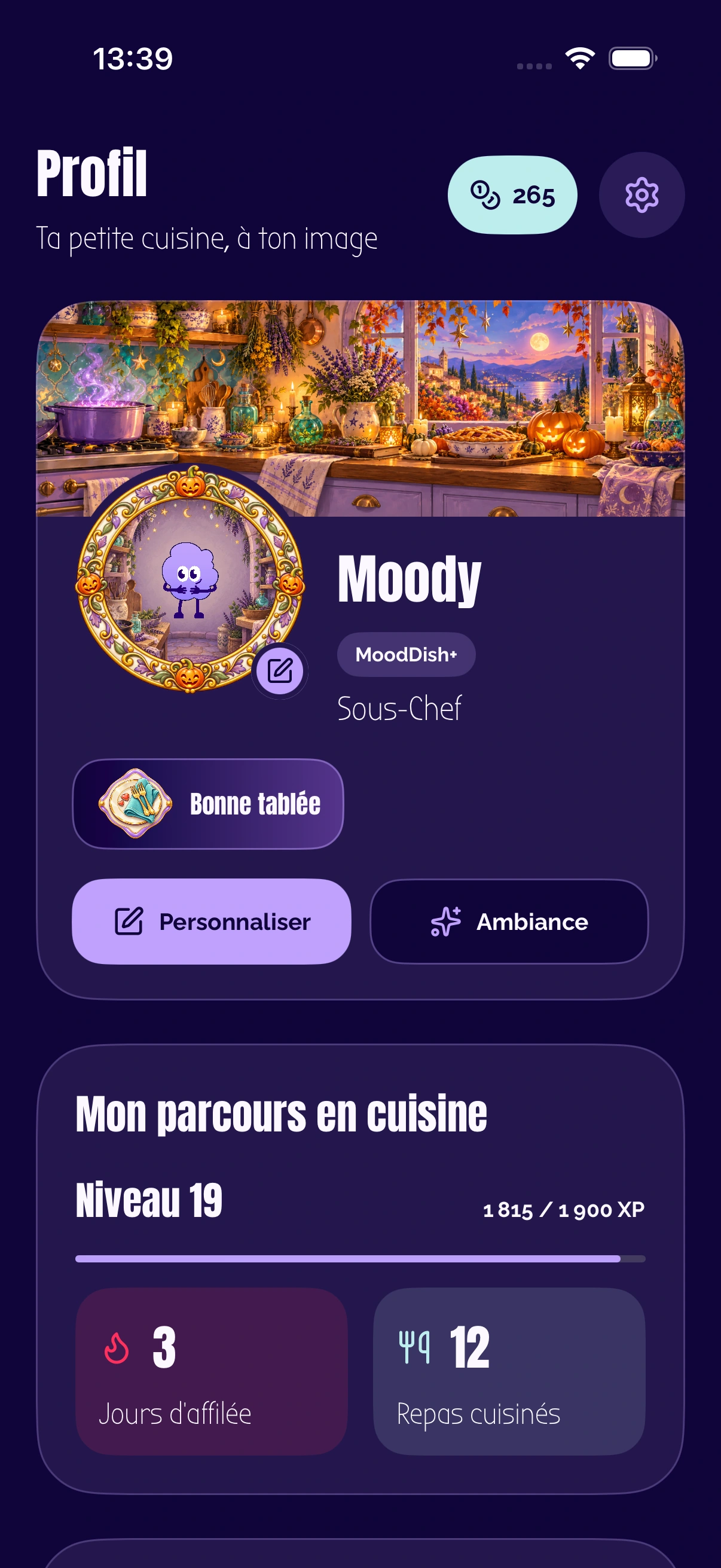 Profil natif MoodDish dans l’ambiance Halloween avec compte et progression de démonstration