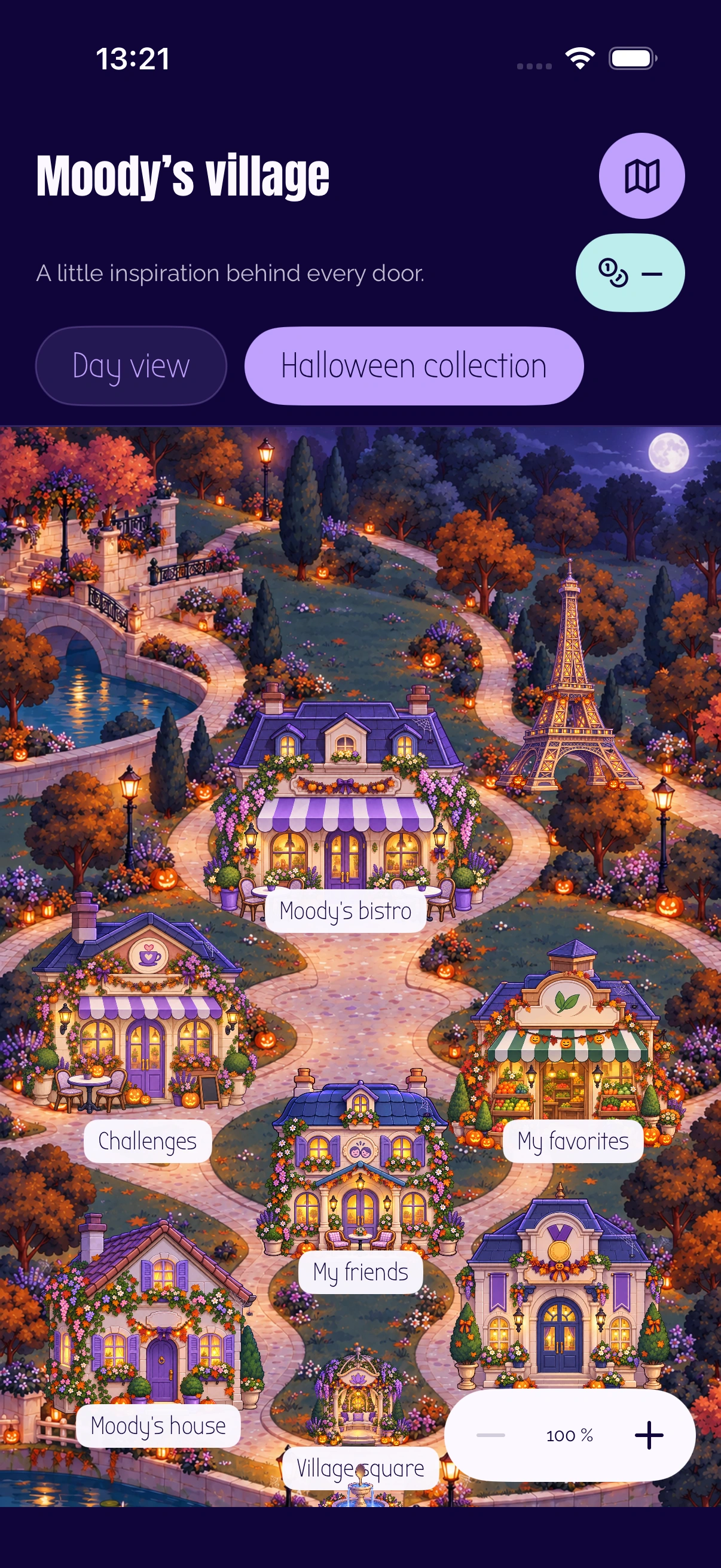 Village natif MoodDish en aperçu Halloween, avec ses bâtiments et décors de nuit