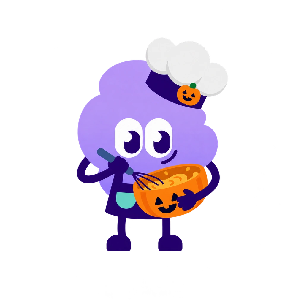 Moody en costume de chef d’Halloween, avec une toque et un tablier citrouille