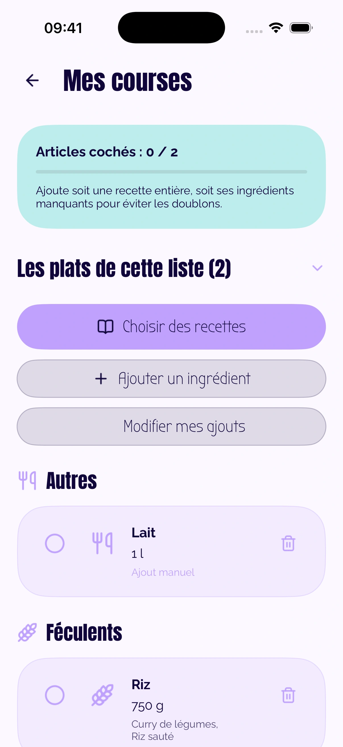 Liste de courses native de MoodDish avec deux recettes, catégories et ingrédients à cocher