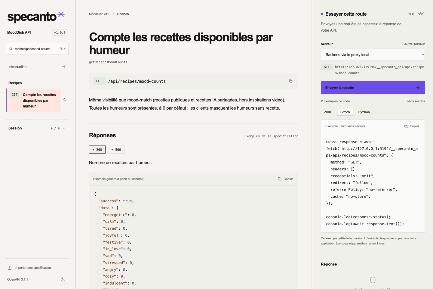 Specanto affichant la documentation et un exemple Fetch généré pour GET /api/recipes/mood-counts, sans requête envoyée